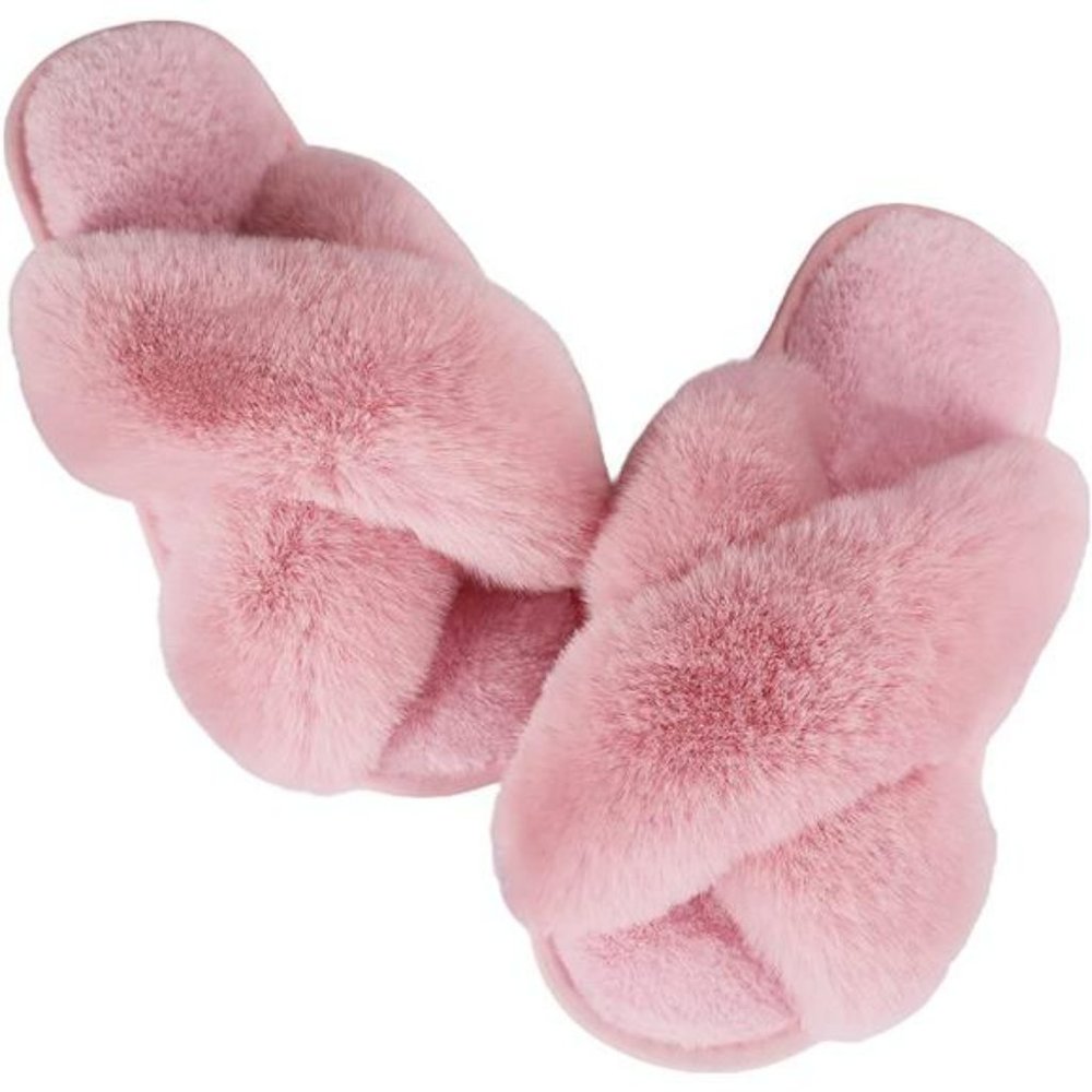 Cross Band Cozy Plush Home Slippers Fluffy Furry Open Toe Shoes Slide Slipper